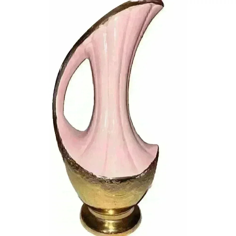 VINTAGE 1940s 1950s SHINY WEEPING GOLD TEXTURED PINK VASE - Picture 3 of 6